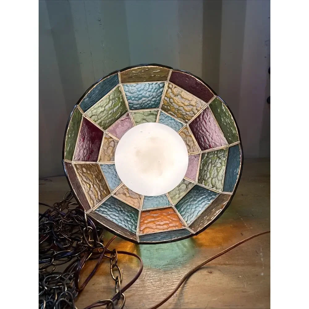1970s VTG Multi- Color Panel Swag Stained Glass Hanging Swag Ceiling Lamp Shade